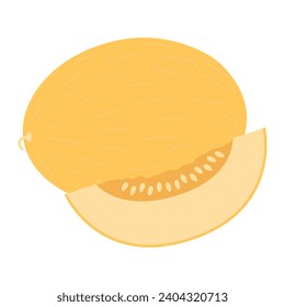 Melonenfrucht und Melonenscheibe mit Samen. Frische und saftige Beeren. Vektorgrafik einzeln auf weißem Hintergrund