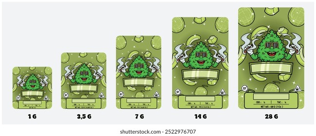 Melonenfruchtstämme und Unkrautknospe mit rauchender Maskottentrickfilm. Produktverpackungsabdeckungsset mit 1G, 3,5G, 7G, 14G und 28G. Skalierbare Größe ohne Qualitätsverlust. Vektorgrafiken und Illustrationen.