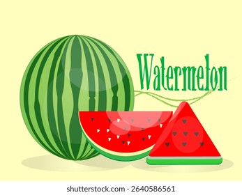 Melon fruit with two halves and fresh red triangle on pastel color background. Modern art minimalist style design template for sale, horizontal poster, header, cover, social media, fashion ads