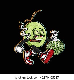 vectores de fruta melón fumando broche de cannabis nug de marihuana de hierba de flores y cara feliz