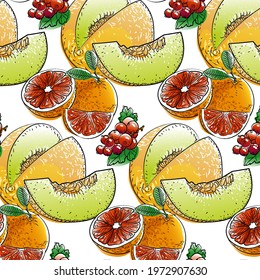 Melon, grapefruit and currants in vector on a white background. Pattern 