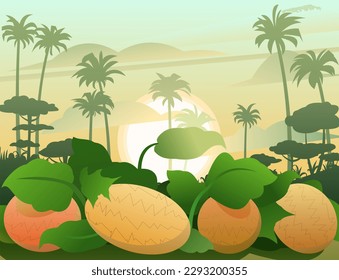 Melon wird reif. Sommerlandschaft. Garten mit Gemüse. Kräuterdicken. Cartoon Spaß Stil. Flaches Design. Tropische Palmen. Vektorgrafik