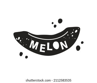 Pegatina de melón grunge. Silueta de textura negra con letras en el interior. Imitación del sello, impresión con escaramuzas. Ilustración aislada dibujada a mano sobre fondo blanco
