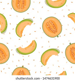 Melon half and slice seamless pattern on white background with seed, Fresh cantaloupe melon pattern background, Fruit vector illustration.