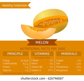 Melon health benefits. Vector illustration with useful nutritional facts. Essential vitamins and minerals in healthy food. Medical, healthcare and dietory concept.