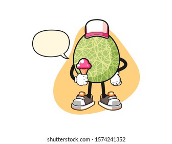 Melon hold ice cream with speech bubble cartoon. Mascot Character vector.