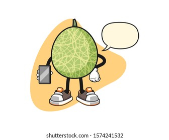 Melon hold smartphone with speech bubble cartoon. Mascot Character vector.
