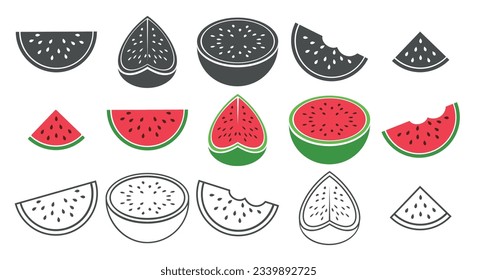 Melon icons. Watermelon slice health quarter symbols, juicy watermelons sliced graphics, ripe water melons slicing fruits signs isolated vector illustration