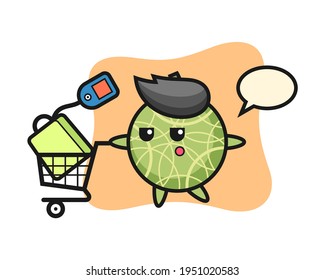 Melon illustration cartoon with a shopping cart, cute style design for t shirt, sticker, logo element