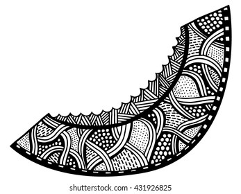 melon Isolated on a white background. Hand-drawn, doodle, vector. Black and white. Made by trace from sketch. Coloring book page for adult. Garnet fruit.