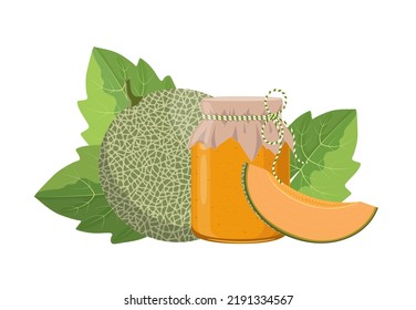 Melon-Konfitüre oder Confitüre im rustikalen Stil, hausgemachte Obstbeerkonserven, Vektorgrafik auf weißem Hintergrund