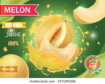 Melon juice advertising Honeydew melon, whole and slice in juice splash Realistic vector illustration.