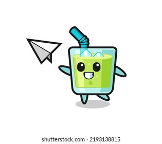 melon juice cartoon character throwing paper airplane , cute style design for t shirt, sticker, logo element