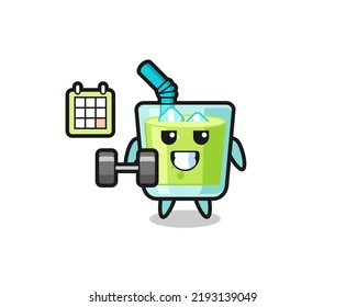 melon juice mascot cartoon doing fitness with dumbbell , cute style design for t shirt, sticker, logo element