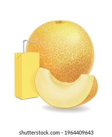 Melon and juice package with a straw .Sweet fruit sliced juicy piece Melon realistic.