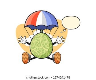 Melon jumping parachute with thought bubble cartoon. Mascot Character vector.