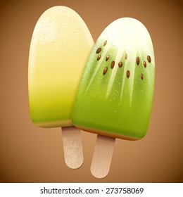 Melon and kiwi fruit taste ice cream, bright vector realistic summer refreshment illustration