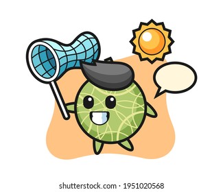 Melon mascot illustration is catching butterfly, cute style design for t shirt, sticker, logo element