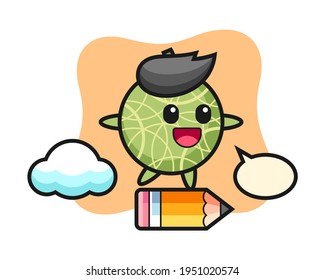 Melon mascot illustration riding on a giant pencil, cute style design for t shirt, sticker, logo element