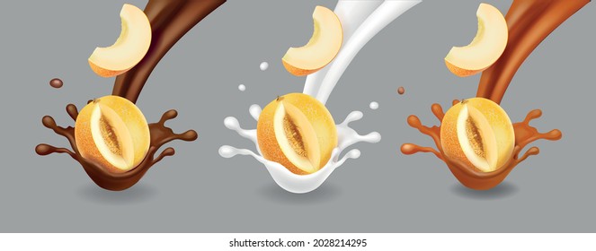 Melon and milk or chocolate splash. Yellow honeydew melon slice in caramel yoghurt or cream relalistic Sweet desert 3d vector set illustration.
