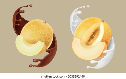 Melon and milk chocolate splash. Yellow melon slices and cream cocoa or yogurt . Realistic illustration. 3d vector icon set