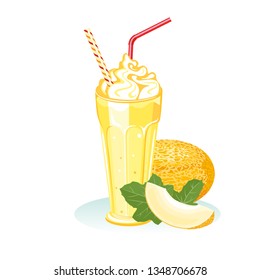 Melon milk shake in glass with straw isolated on white background. Vector illustration of refreshing cocktail with fresh fruit in cartoon simple flat style.