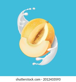 Melon And Milk Splash. Honeydew Melon Yogurt Realistic 3d Illustration Vector Icon.