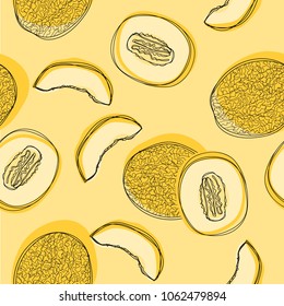 Melon on yellow background. Vector seamless pattern with fresh sweet natural ripe melon. 