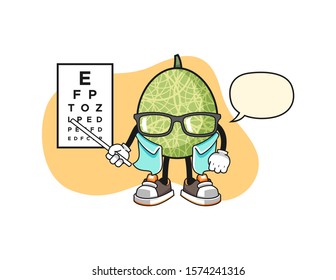 Melon optician with speech bubble cartoon. Mascot Character vector.