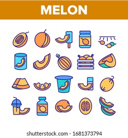 Melon Organic Fruit Collection Icons Set Vector. Sliced And Container With Melon, Fresh Juice Drink And Ice Cream, Yogurt And Jam Concept Linear Pictograms. Color Illustrations