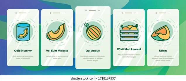 Melon Organic Fruit Onboarding Icons Set Vector. Sliced And Container With Melon, Fresh Juice Drink And Ice Cream, Yogurt And Jam Illustrations