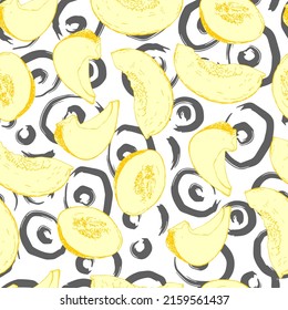 melon pieces and abstract circles brush strokes vector seamless pattern