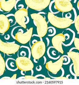 melon pieces and abstract circles brush strokes vector seamless pattern