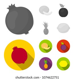 Melon, plum, pineapple, lemon.Fruits set collection icons in monochrome,flat style vector symbol stock illustration web.