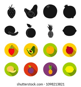 Melon, plum, pineapple, lemon.Fruits set collection icons in black,flet style vector symbol stock illustration web.