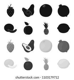 Melon, plum, pineapple, lemon.Fruits set collection icons in black,monochrome style vector symbol stock illustration web.