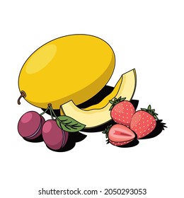 Melon, plum and strawberry. Vector 3d sketch line isometric, color icon illustration, flat style. Creative design idea and elements for infographics and website.