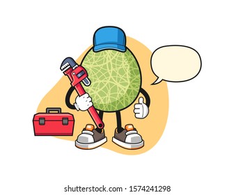 Melon plumber with speech bubble cartoon. Mascot Character vector.