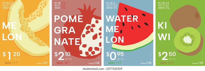 Melon, pomegranate, watermelon, kiwi. Fruits poster set in flat colourful design. Price tag, label or poster. Flat vector illustration.