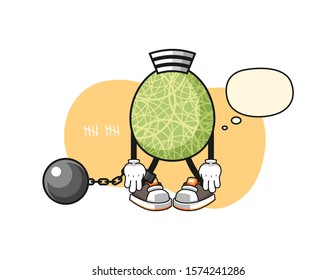 Melon prisoner with thought bubble cartoon. Mascot Character vector.