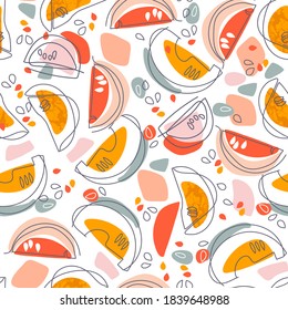 Melon or pumpkin slice seamless pattern on  background with seed, Fresh cantaloupe melon pattern background, Fruit vector illustration.