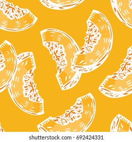 Melon or Pumpkin slices. Fruit seamless pattern. Autumn print. Repeating vector texture, Yellow wallpaper.