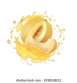 Melon In Realistic Yellow Juice Splash, Vector Icon