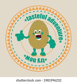 Melon in retro style. Design of packaging for fruit products. Sticker or logo template. Vector label with slogan.