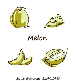
Melon set, line drawing, juicy, ripe and delicious, yellow color, a couple of fruits, discounts, acrylic painting, doodle style