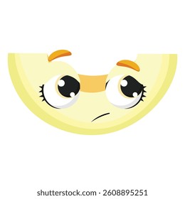 Melon slice with cute expressive eyes and skeptical look, great for childrens designs, branding, packaging, summer themes and fun product decoration