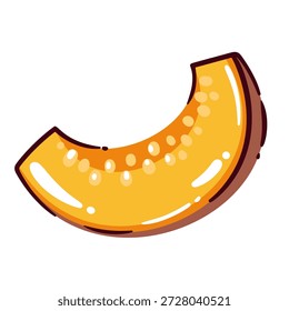 Ícone de fruta de fatia de melão com polpa laranja brilhante e casca espessa. Forma suculenta de cunha de melão com sementes, adequado para comida, menu, temas de embalagem. Símbolo de comida de melão e abóbora. Ilustração de vetor de desenhos animados.