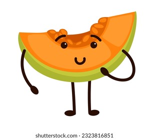 Baraja de melón, personaje de dibujos animados de frutas divertidos aislados con sonrisa y bozal. Personaje con ojos, piernas y manos. Gestores y vítores de berry madura. Producto dulce y orgánico. Vector de estilo plano