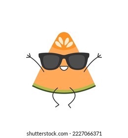 Melon Slice Jump greet süße Charakter Cartoon lächelnd Gesicht fröhliche kawaii Freude Emotionen Symbol Vektorgrafik.