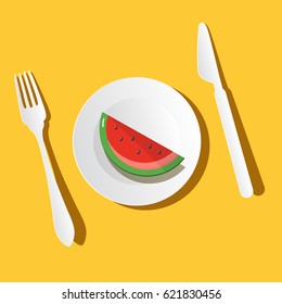 Melon Slice on Plate with Fork and Knife. Top View Vector Illustration.
